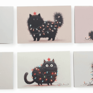 Kerstkaarten Set – Zwarte Katten met Lichtjes (6 stuks)